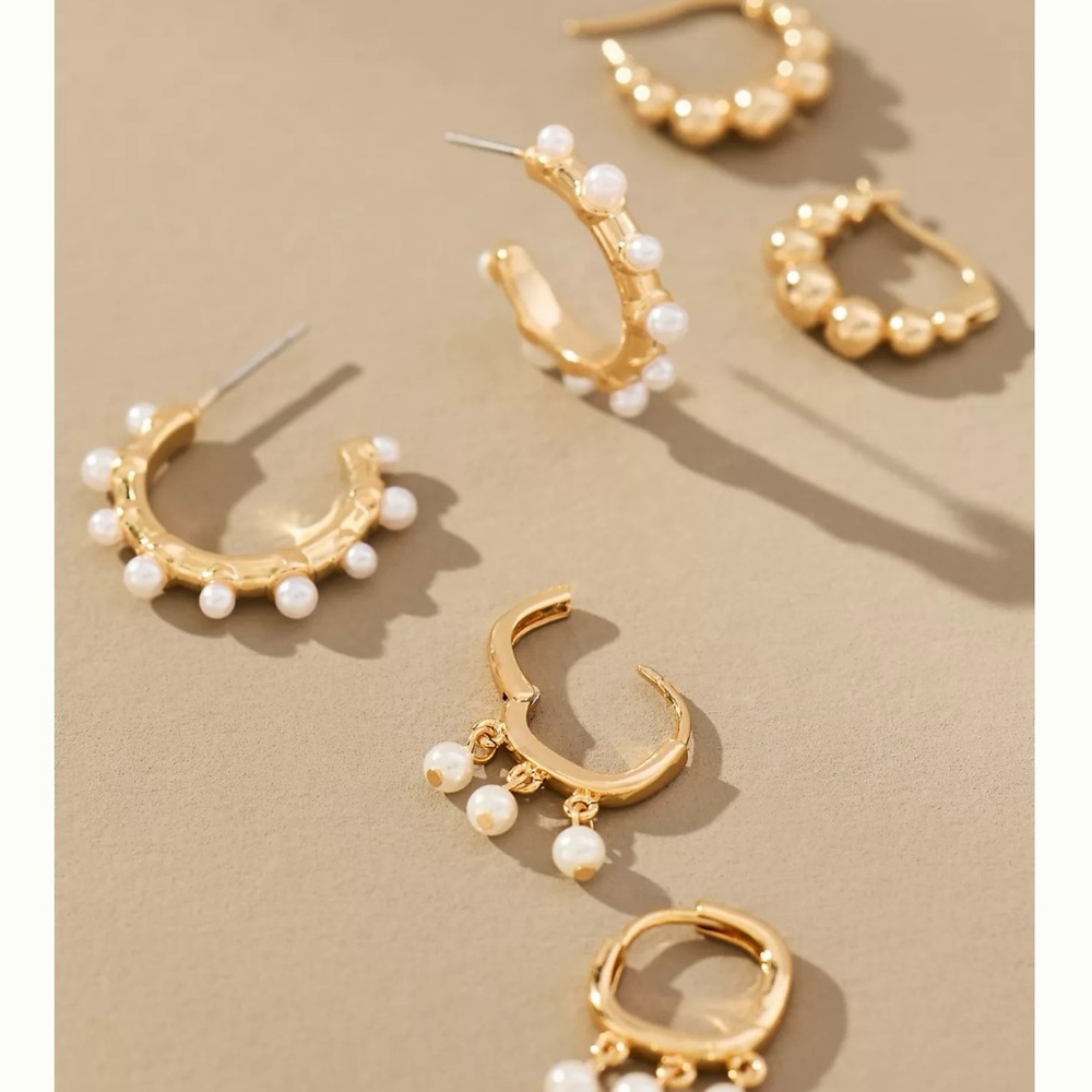 NWT Anthropologie 14k Gold Plated Mini Pearl Hoop Earring, Set of 3 - Picture 2 of 5